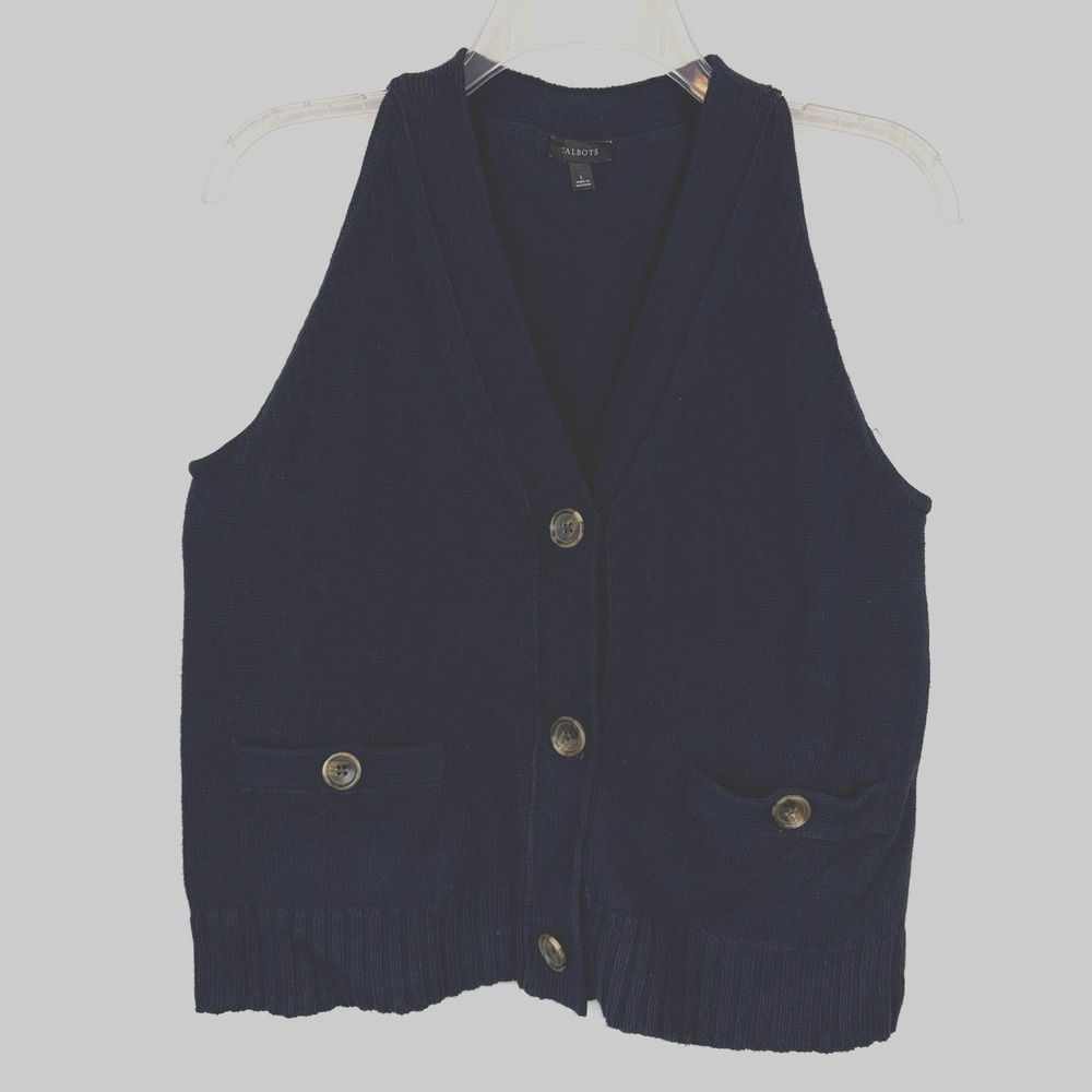 Talbots Sweater Vest Womens Large Navy Blue V Neck Button Front Knit Academia